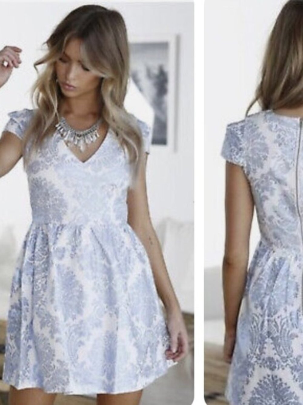 Xenia Boutique Blue & White Metallic Party Dress
